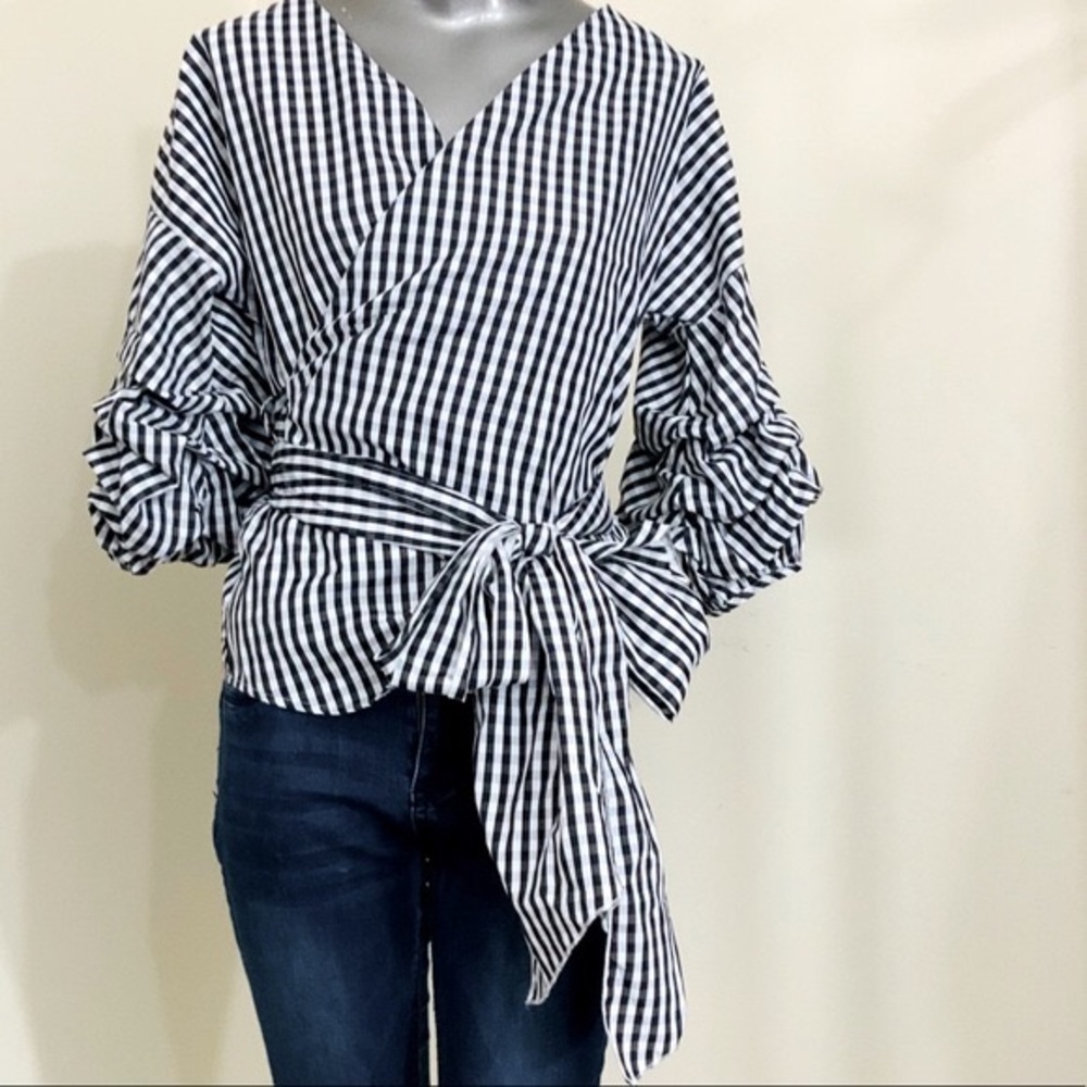 Gingham Wrap Blouson Sleeve Blouse